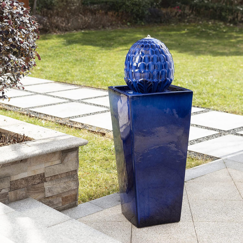 Glitzhome Ceramic Outdoor Water Fountain with LED Light, Oversized Artichoke Pedestal Water Fountains with Submersible Pump, Patio Fountain Waterfall for Garden Patio Deck Porch, Cobalt Blue, 35.75' H