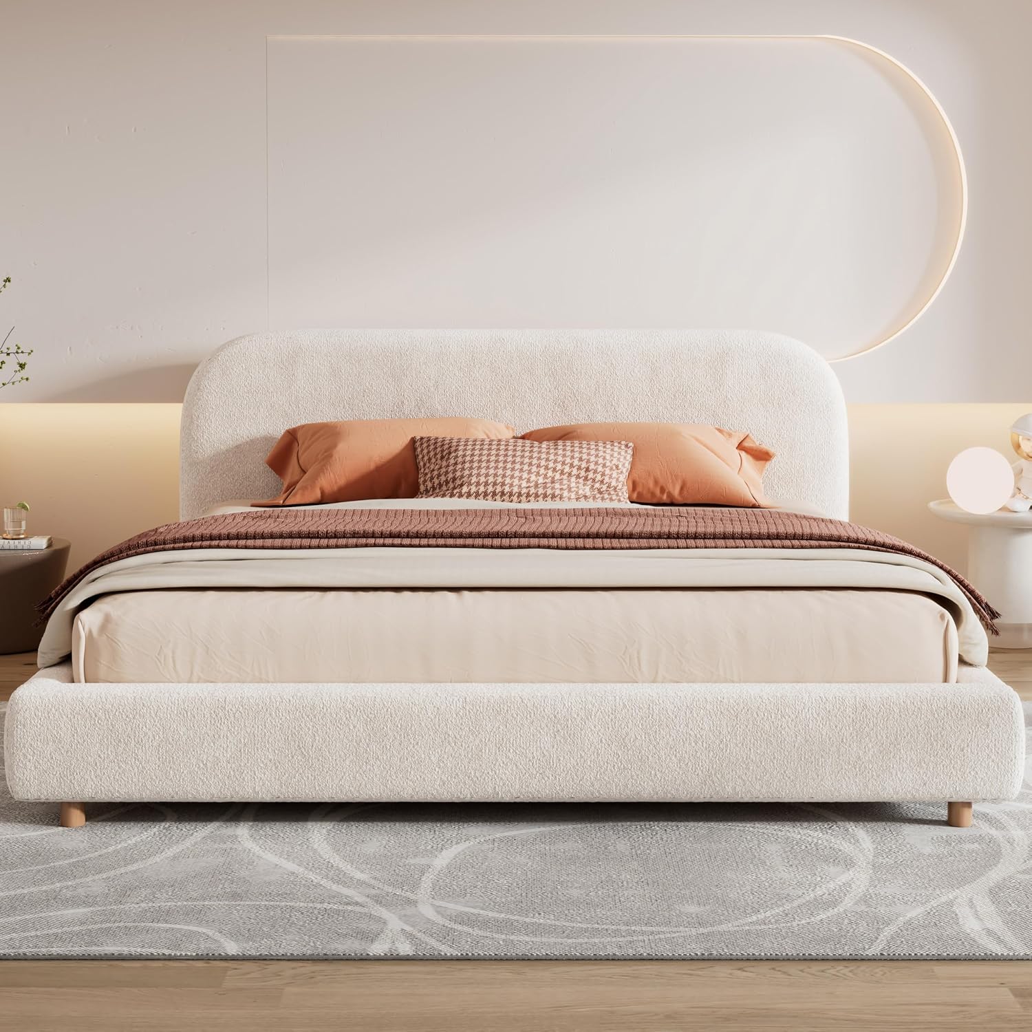 JIVOIT King Size Platform Bed with Curve-Shaped Design Headboard, Boucle Fabric Upholstered Platform Bed with Strong Support, Modern Bed Frame, No Box Spring Needed, Easy Assembly (White,King,8)