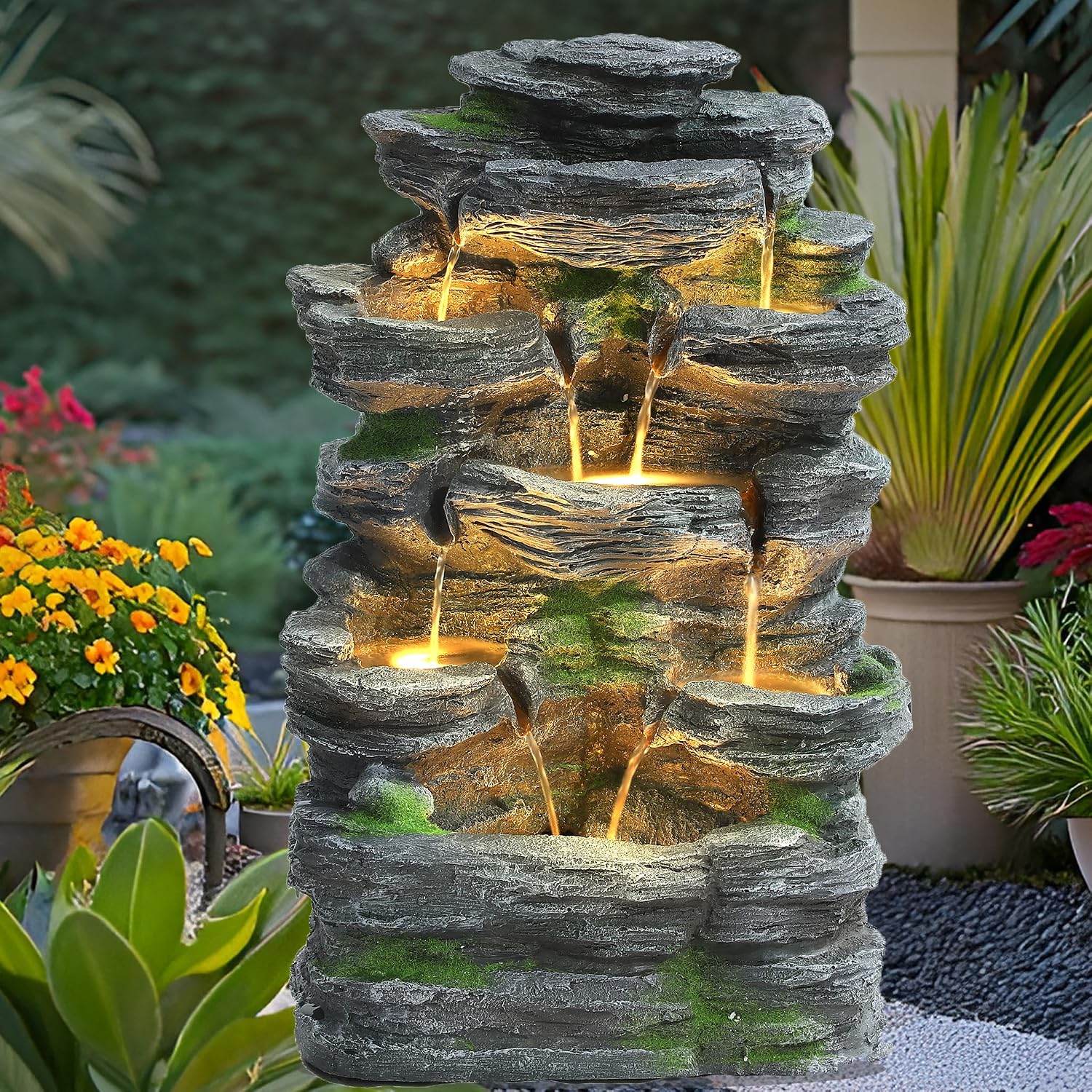 7 Tiers Cascading Rock Water Fountain with LED Lights, Outdoor Waterfall Fountain for Garden, Deck, Backyard, Patio, Porch, Natural Stone Look