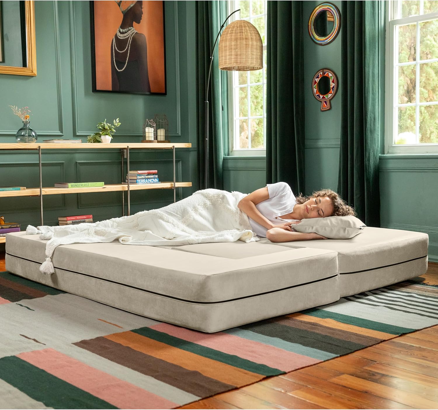Jaxx Zipline Convertible Sleeper Sofa & Three Ottomans/California King-Size Bed, Textured Microvelvet - Ivory