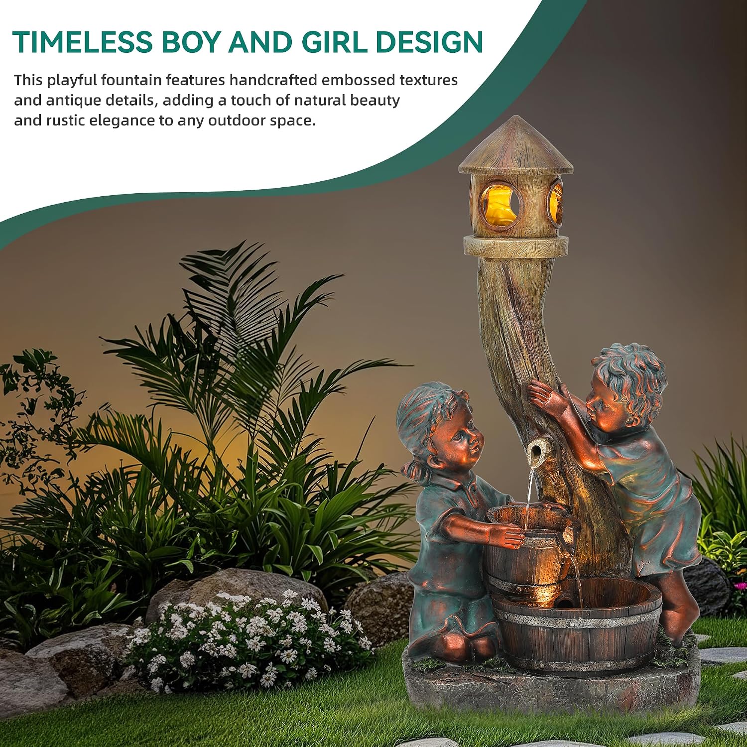 31' H Boy & Girl Outdoor Water Fountain with LED Lights, Faux Bronze Resin Statue Fountain, Wood Barrel & Pagoda Design, 3-Tier Cascading Waterfall for Serene Patio, Yard and Porch