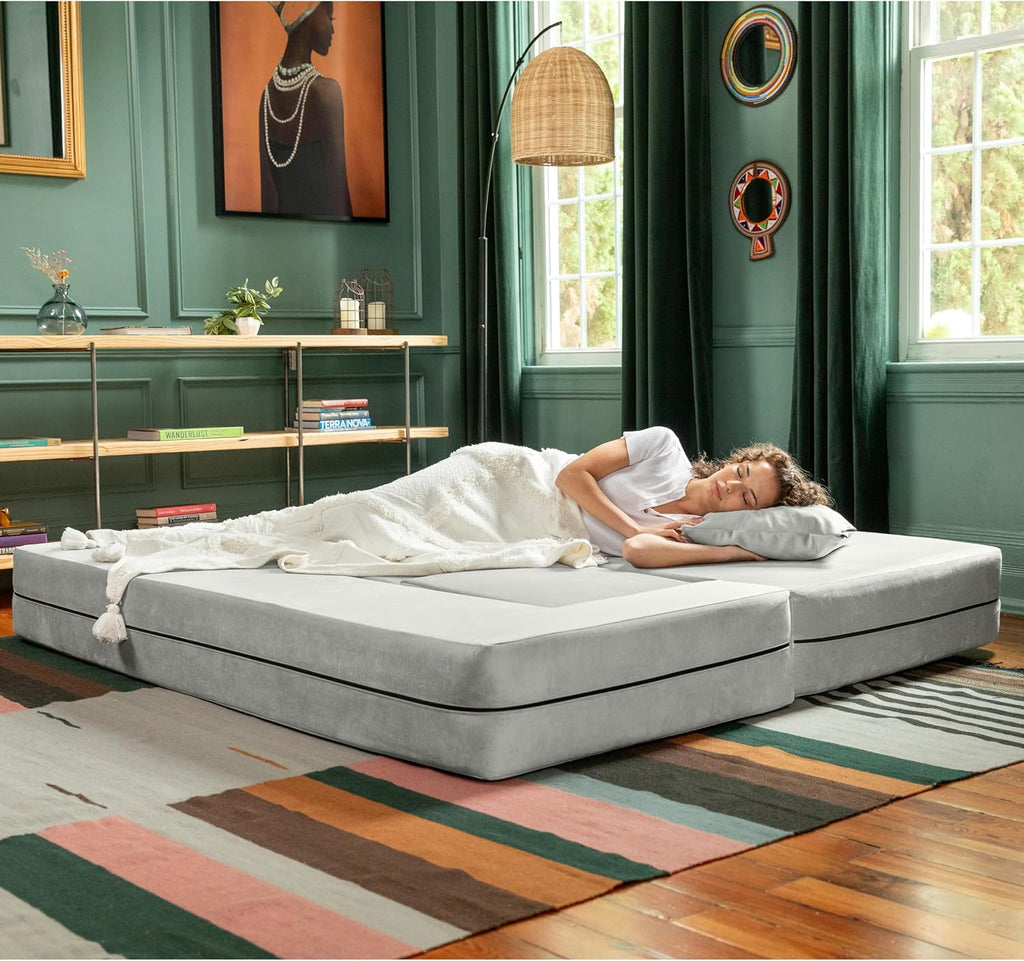 Jaxx Zipline Convertible Sleeper Sofa & Three Ottomans/California King-Size Bed, Textured Microvelvet - Ice