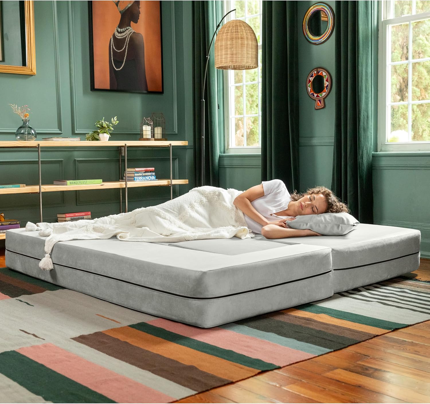 Jaxx Zipline Convertible Sleeper Sofa & Three Ottomans/California King-Size Bed, Textured Microvelvet - Ice