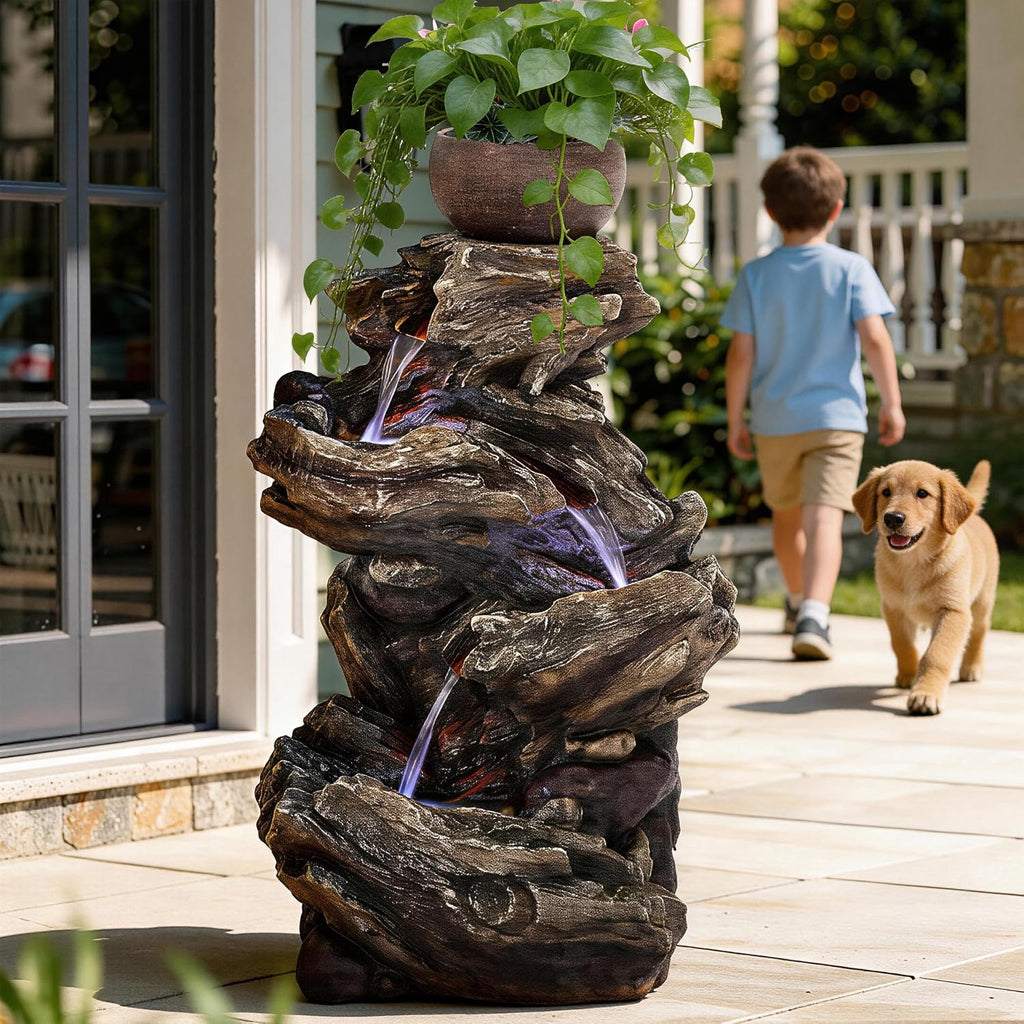 33' Rustic Tree Trunk Outdoor Water Fountain with Planters, Handcrafted 5-Tier Cascading Water Feature with Moss & LED Lights, Relaxing Tranquil Decor for Garden Yard Patio Porch