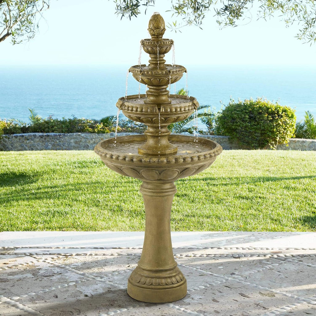 Sag Harbor 66' High Large Italian Outdoor Decor Sand Stone Floor Fountain with Light LED Waterfall 4-Tier Standing Basin Water Feature for Outside Garden Patio Yard Backyard Porch - John Timberland