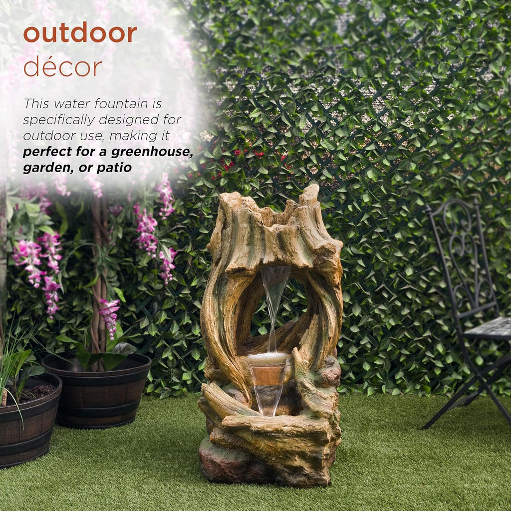 Alpine Corporation 40' Tall Open Tree Trunk Floor Fountain with Cool White LED Lights, Tiered Garden Decor, Brown