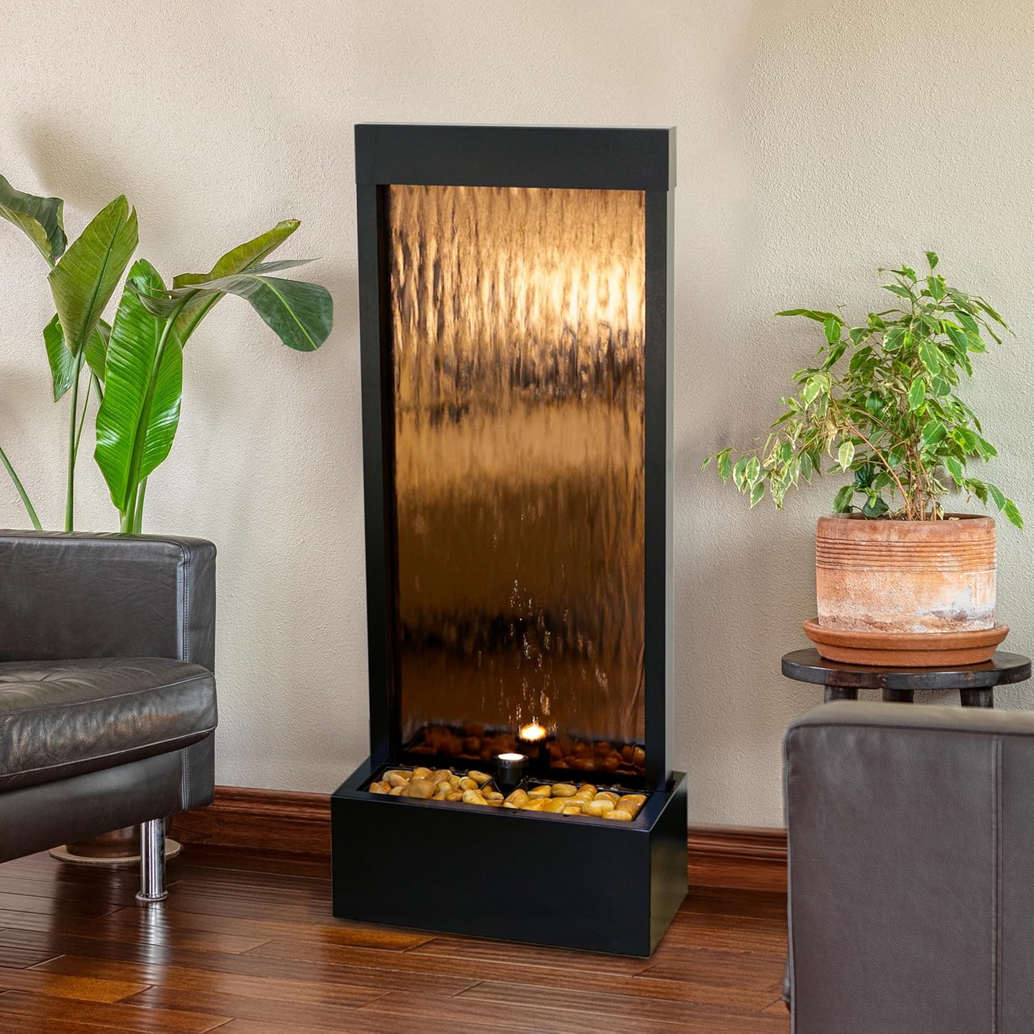 Alpine Corporation 48' Tall Indoor Modern Wall Mounted Zen Mirror Waterfall Floor Fountain with Stones and LED Lights Decor for Office, Living Room, Entryway, Bronze