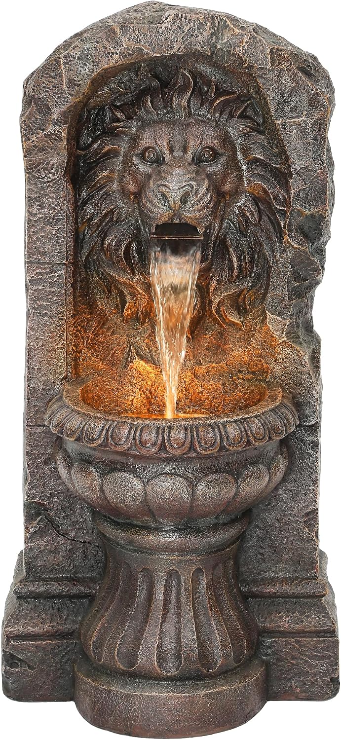 30' Majestic Lion Head Outdoor Water Fountain, Rustic Stone Pedestal Cascading Water Feature with Warm LED Lights, Tranquil Oasis for Outside Garden Patio Yard Decor