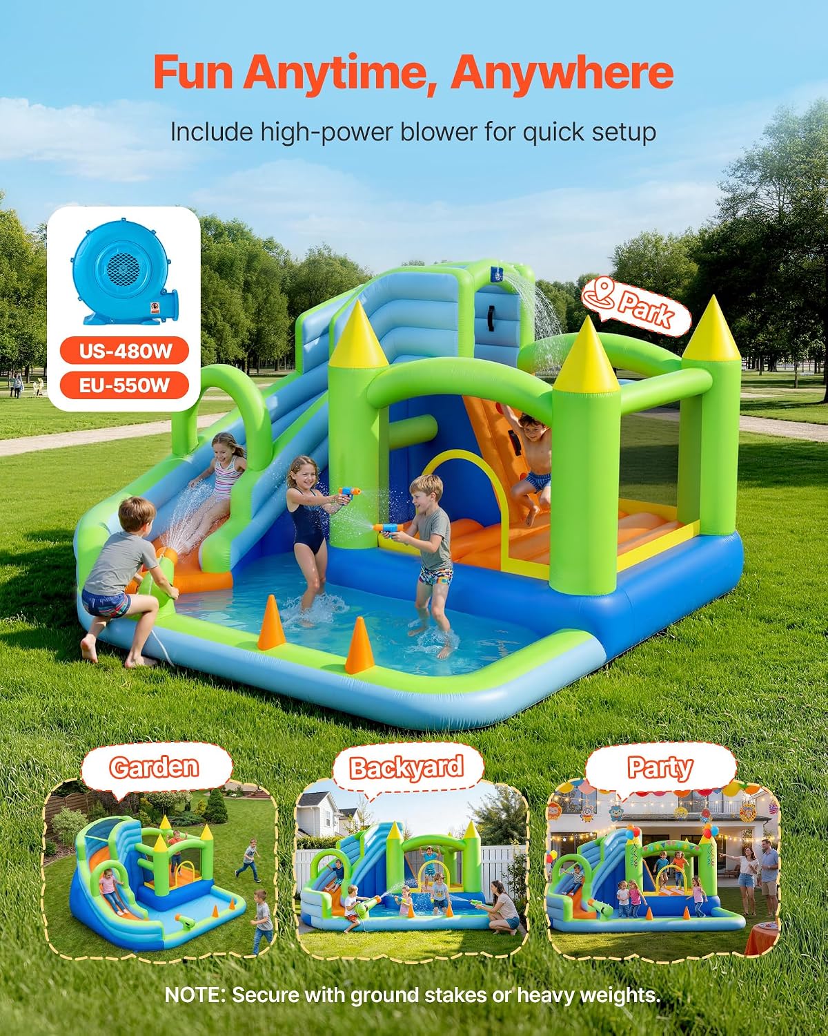 VEVOR Inflatable Water Slide Bounce House with Blower, Compact 5-in-1 Kids Bouncy Castle with Slide Splash Pool Climbing Wall Basketball Hoop & Bounce Area for Kids