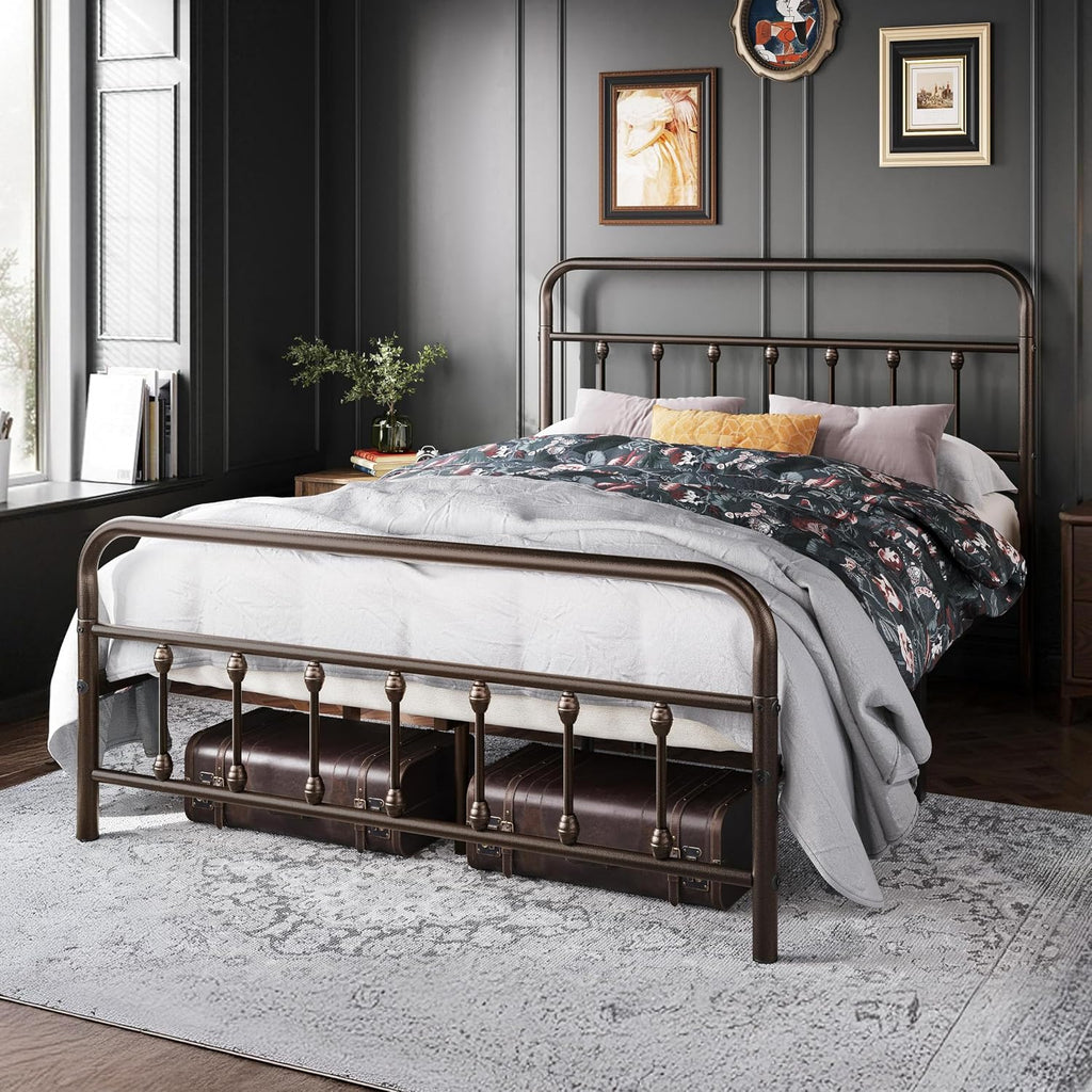 Topeakmart Full Size Victorian Style Metal Bed Frame with Headboard/Mattress Foundation/No Box Spring Needed/Under Bed Storage/Strong Slat Support Bronze