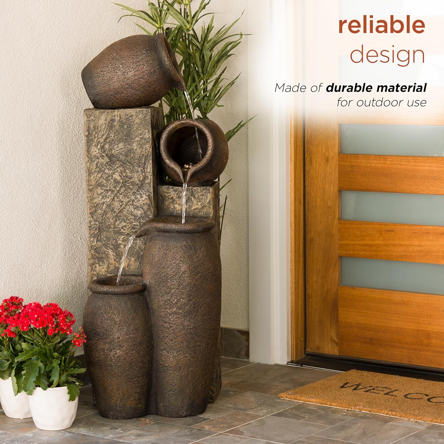 Alpine Corporation GIL140 43' Tall Indoor Outdoor Pottery Fountain with Replaceable LED Lights, Water Feature for Garden, Patio, and Home Decor, Brown