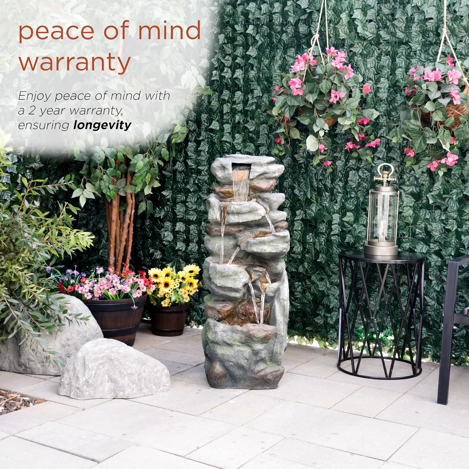 Alpine Corporation 39' Tall Outdoor Mult-itiered Elegant Rock Look Waterfalls Floor Fountain with LED Lights, Gray