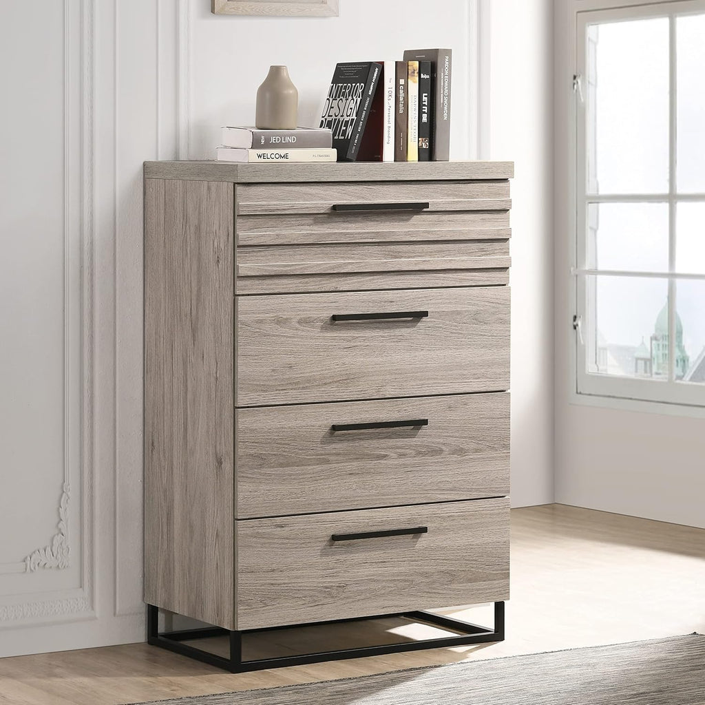 Roundhill Furniture Alvear Upholstered Wood Panel Bed, Dresser, Mirror, Nightstand, and Chest, Queen