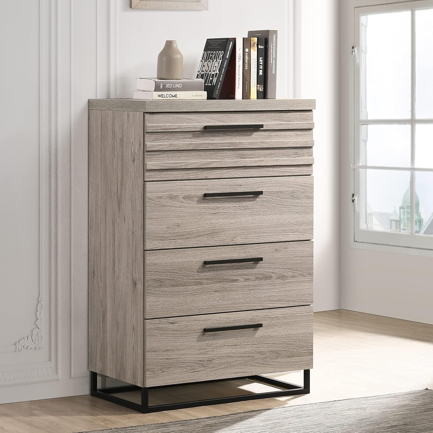 Roundhill Furniture Alvear Upholstered Wood Panel Bed, Dresser, Mirror, Nightstand, and Chest, Queen