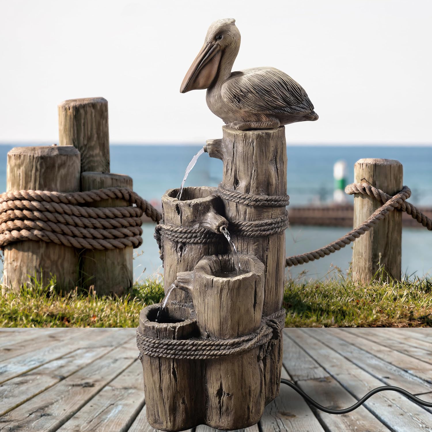 Teamson Home 35.42' 4-Tier Pelican and Driftwood Pier Post Outdoor Cascading Water Fountain, Brown