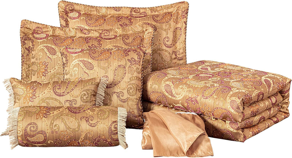 Chezmoi Collection Adelle 7-Piece Paisley Jacquard Embroidered Comforter Bedding Set, Oversized King Size