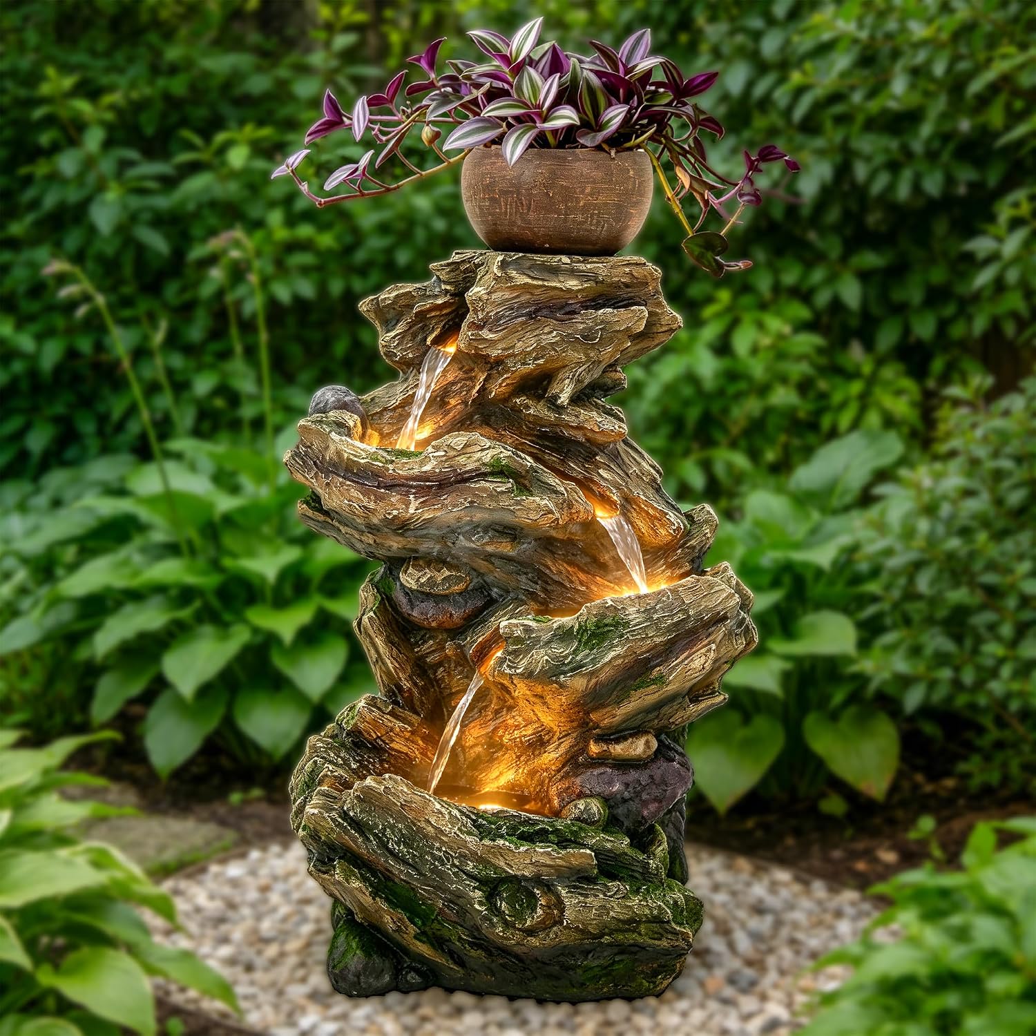 33' Rustic Tree Trunk Outdoor Water Fountain with Planters, Handcrafted 5-Tier Cascading Water Feature with Moss & LED Lights, Relaxing Tranquil Decor for Garden Yard Patio Porch
