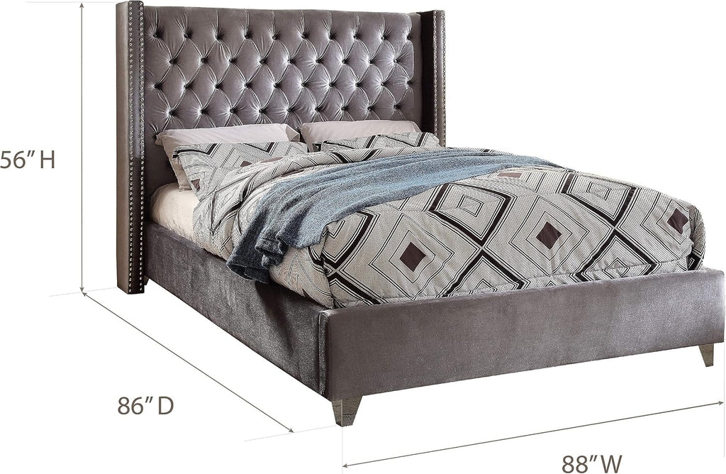 Meridian Furniture Aiden Collection Modern | Contemporary Velvet Upholstered Bed with Deep Button Tufting, Solid Wood Frame, and Custom Chrome Legs, King, Grey