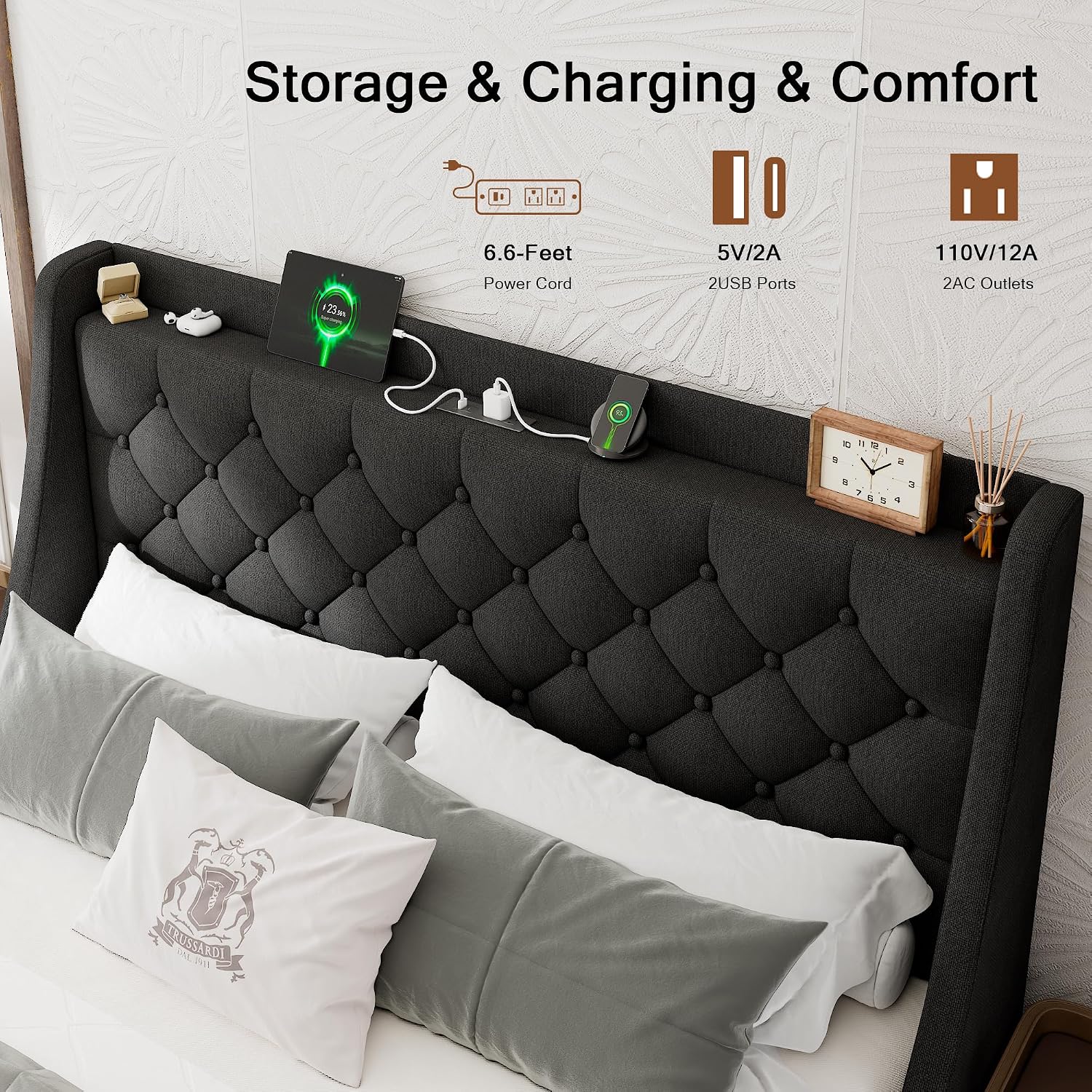 Einhomn Queen Bed Frame with 4 Storage Drawers, Upholstered Modern Bed Frame with Wingback Headboard, Charging Station, No Box Spring Needed, Easy Assembly, Black