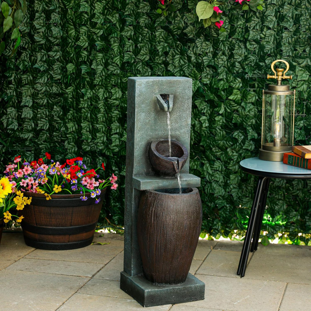 Alpine Corporation TZL388 32' 3 Tier Jar Fountain with LED Lights, Elegant Outdoor Water Feature for Garden, Patio, Backyard, Home Décor, Ceramic Water Fountain & Landscape Decorations, Gray