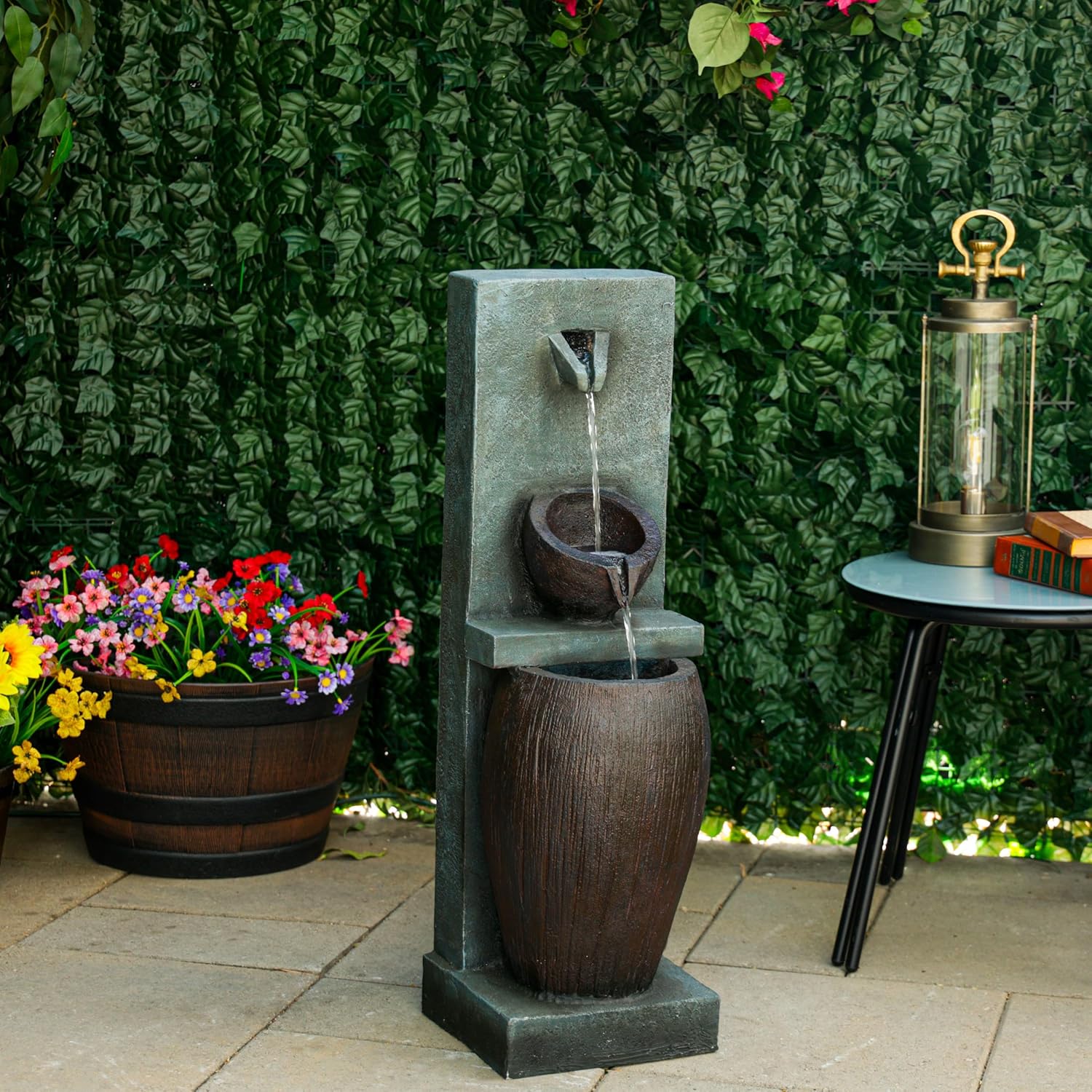 Alpine Corporation TZL388 32' 3 Tier Jar Fountain with LED Lights, Elegant Outdoor Water Feature for Garden, Patio, Backyard, Home Décor, Ceramic Water Fountain & Landscape Decorations, Gray