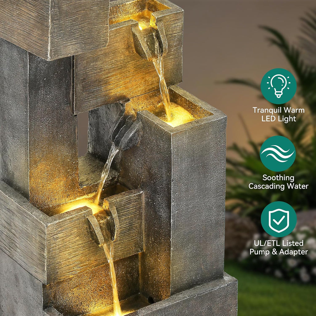 32.5' Modern Outdoor Water Fountain with LED Lights, 5-Tier Stacked Blocks Garden Fountain Cascading Waterfall Feature for Relaxing Garden, Patio, Backyard, Deck, Porch or Home Décor