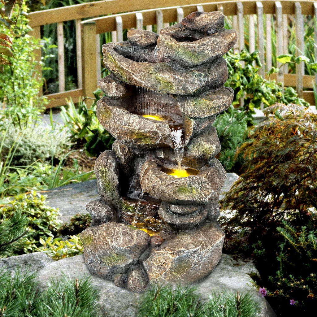 Ferrisland 31.5' Outdoor Rock Waterfall Fountain – 5-Tier Rustic Cascading Water Feature with LED Lights | Relaxing Flow & Ambient Glow for Garden, Patio, Yard | Stylish Home Decor Idea