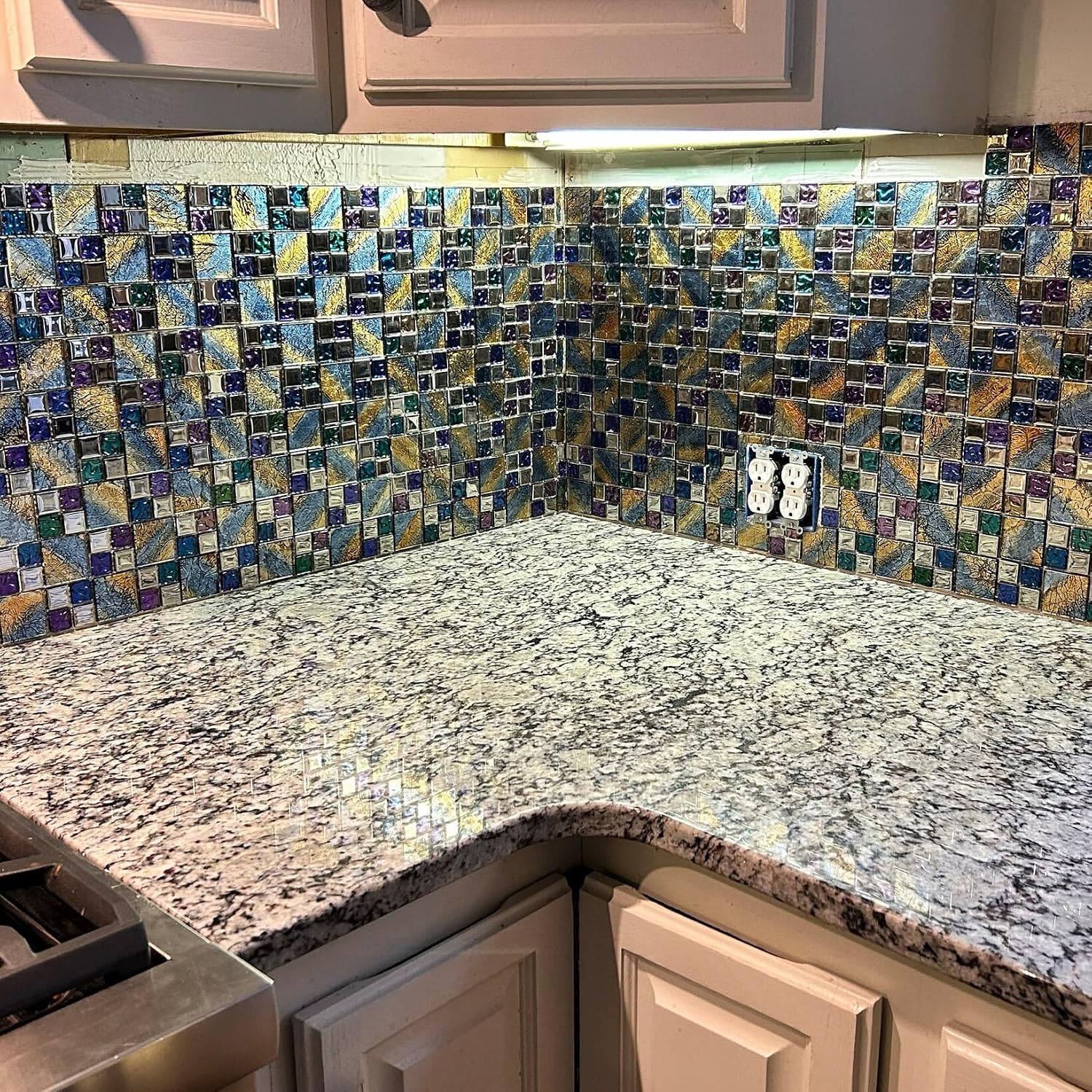 Hominter Glass Mosaic Tile Iridescent Blue, Purple & Gold Textured Chrome Metallic Wall Backsplash Sheet for Kitchen, Bathroom, Fireplace, Accent Walls (6 Square Feet)