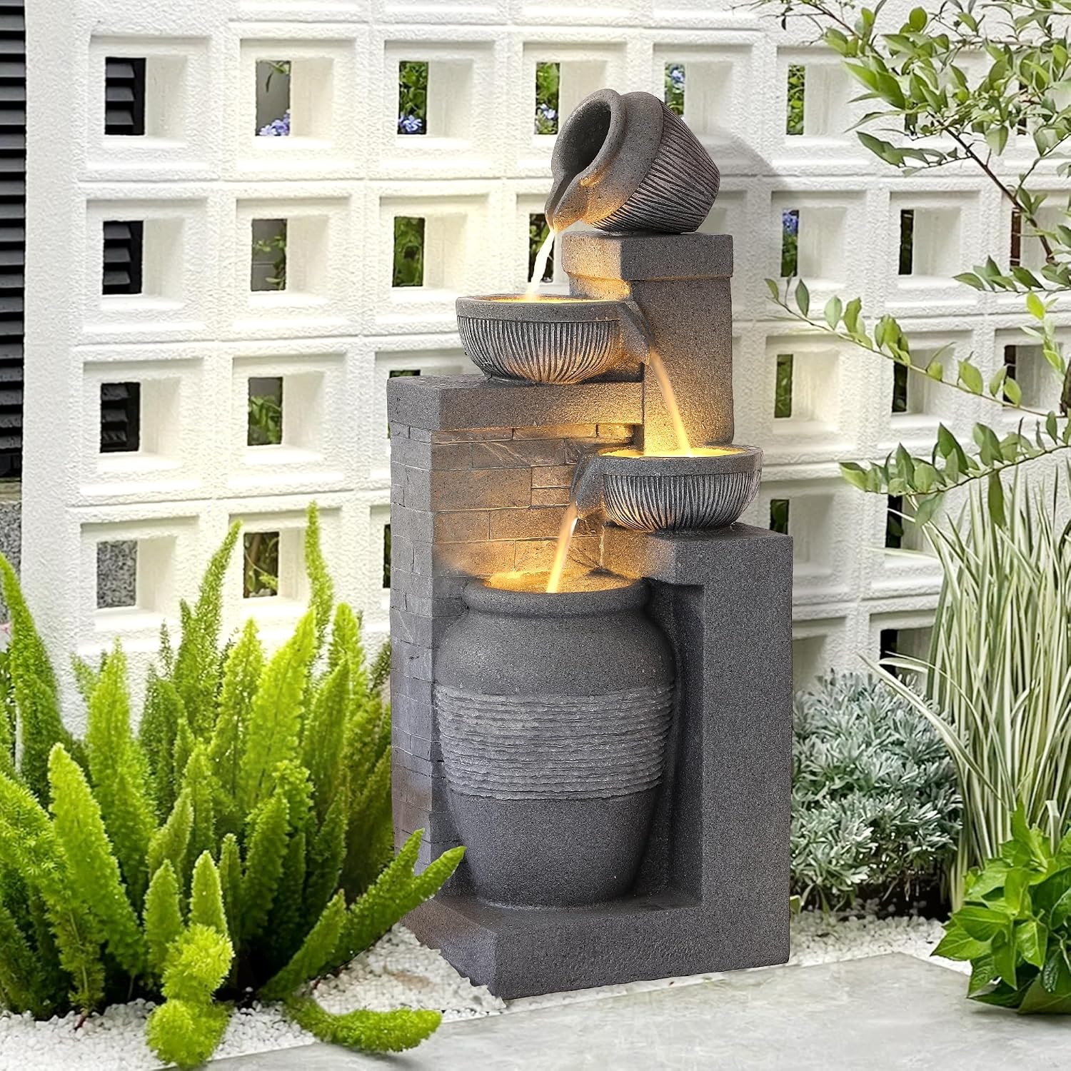 Grepatio 4-Tiers Indoor/Outdoor Garden Water Fountain, 32' H Cascading Water Feature Waterfalls Fountain with LED Lights, Outdoor Floor Standing Water Fountains for Garden, Yard, Patio, Decor (Grey)