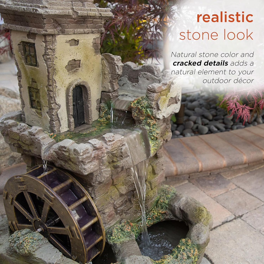 Alpine Corporation USA1164 Outdoor Floor Tiered Fairy Castle Waterwheel Water Fountain with Realistic Stone Look, 35', Brown
