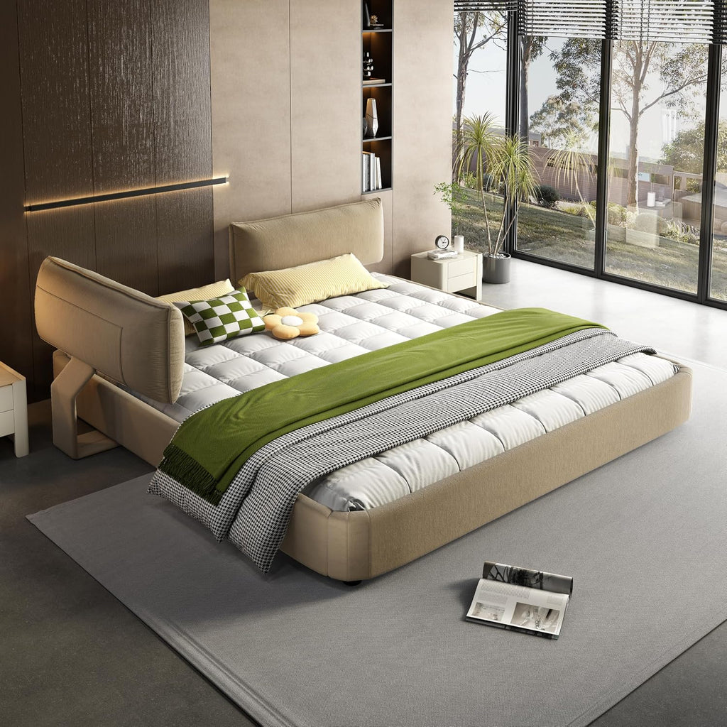 JIVOIT King Size Upholstered Platform Bed, Chenille Cloud Bed Frame with Oversized Padded Movable Headboard, Round Corner, Metal + Solid Wooden Slat Double Support, No Box Spring Needed (Camel-65)