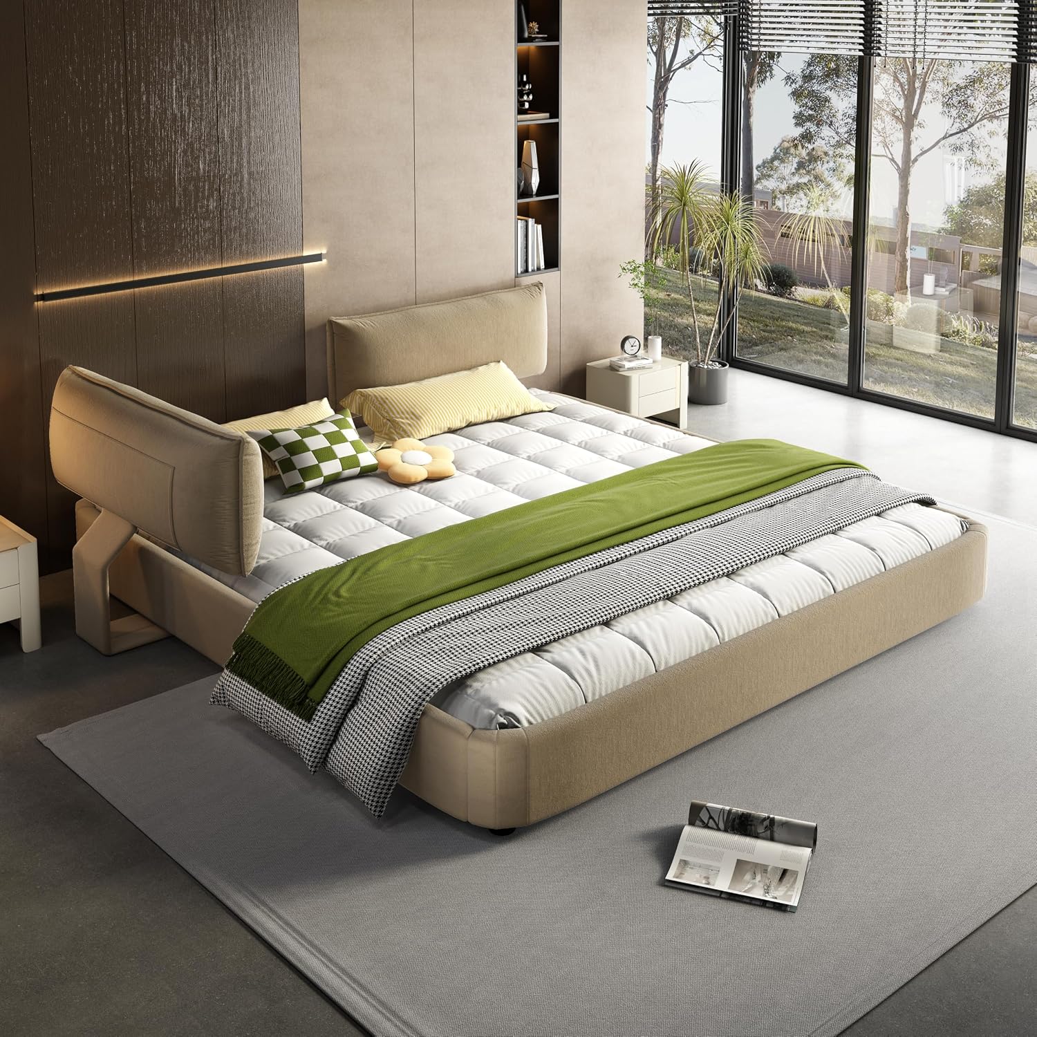 JIVOIT King Size Upholstered Platform Bed, Chenille Cloud Bed Frame with Oversized Padded Movable Headboard, Round Corner, Metal + Solid Wooden Slat Double Support, No Box Spring Needed (Camel-65)