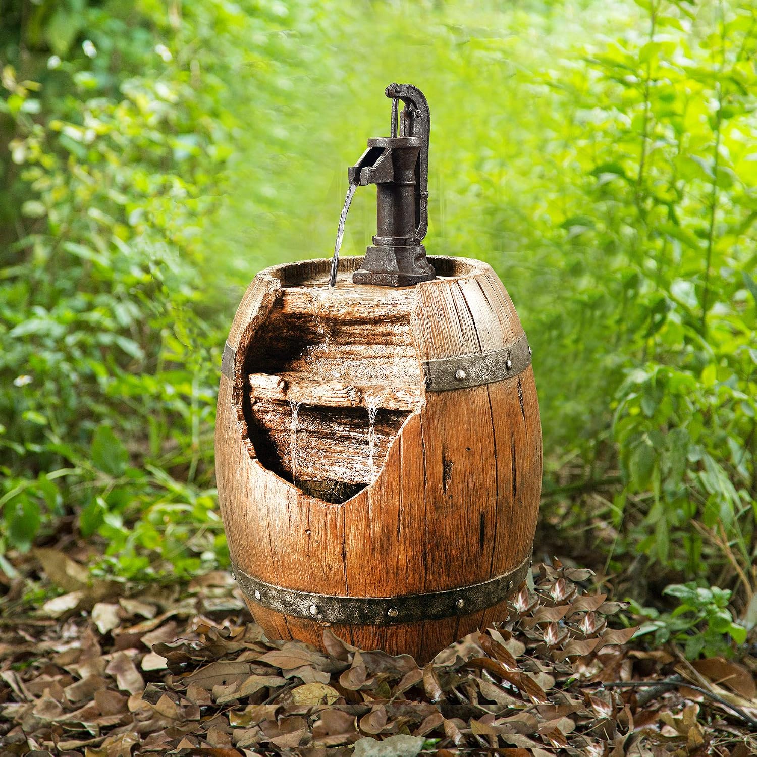 Teamson Home Vintage Barrel Waterfall Fountain with Pump for Outdoor Patio Garden Backyard Decking, 33 Inch Height, Wood