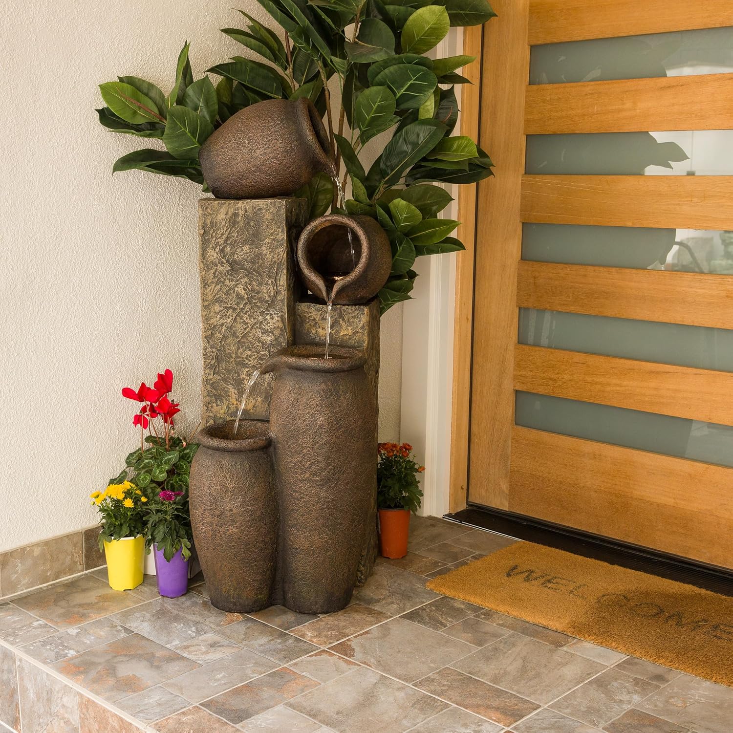 Alpine Corporation GIL140 43' Tall Indoor Outdoor Pottery Fountain with Replaceable LED Lights, Water Feature for Garden, Patio, and Home Decor, Brown