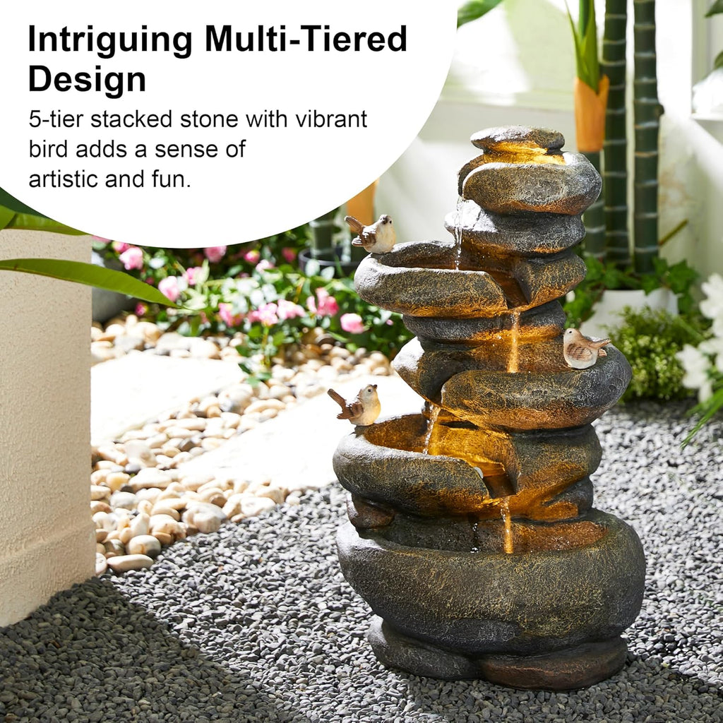 Glitzhome 5-Tier Cascading Rock Outdoor Water Fountain with LED Light & Pump, Natural Stacked Stone Look Water Fountain with Lively Birds for Garden, Patio, Porch, 23'H