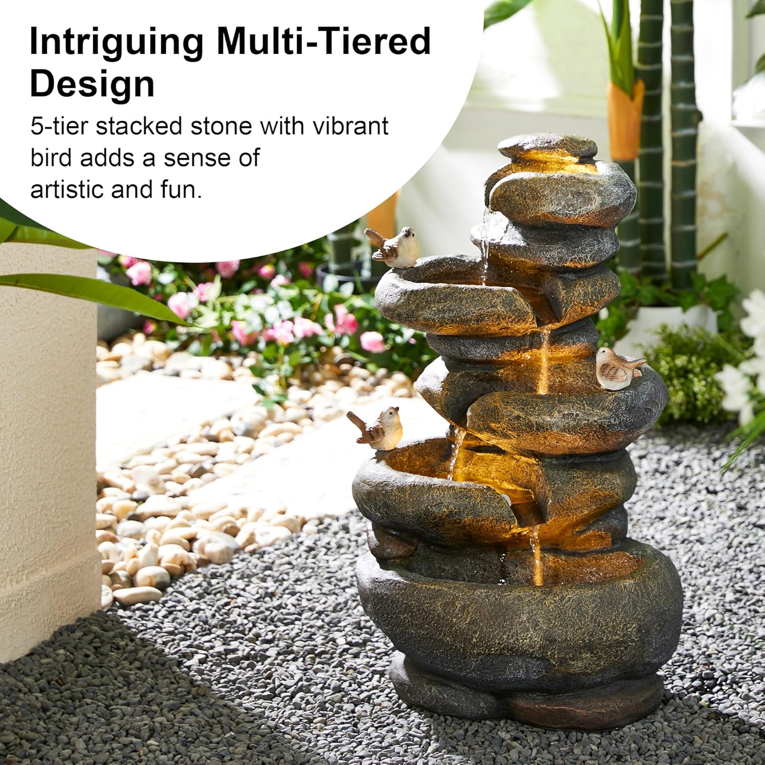 Glitzhome 5-Tier Cascading Rock Outdoor Water Fountain with LED Light & Pump, Natural Stacked Stone Look Water Fountain with Lively Birds for Garden, Patio, Porch, 23'H