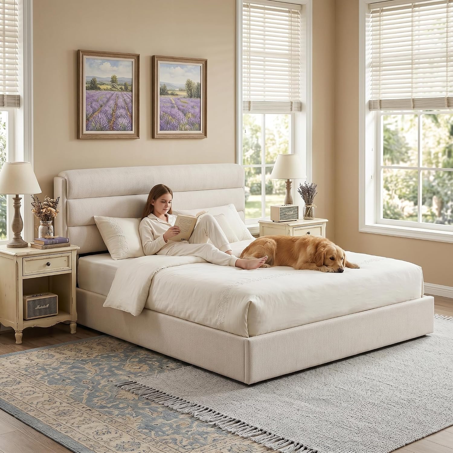 Lift Up Storage Bed King Size, Linen Upholstered Platform Bed with Hydraulic System & Wood Slats Support, King Bed Frame with 3-Panel Headboard, No Box Spring Needed, Easy Assembly, Ivory