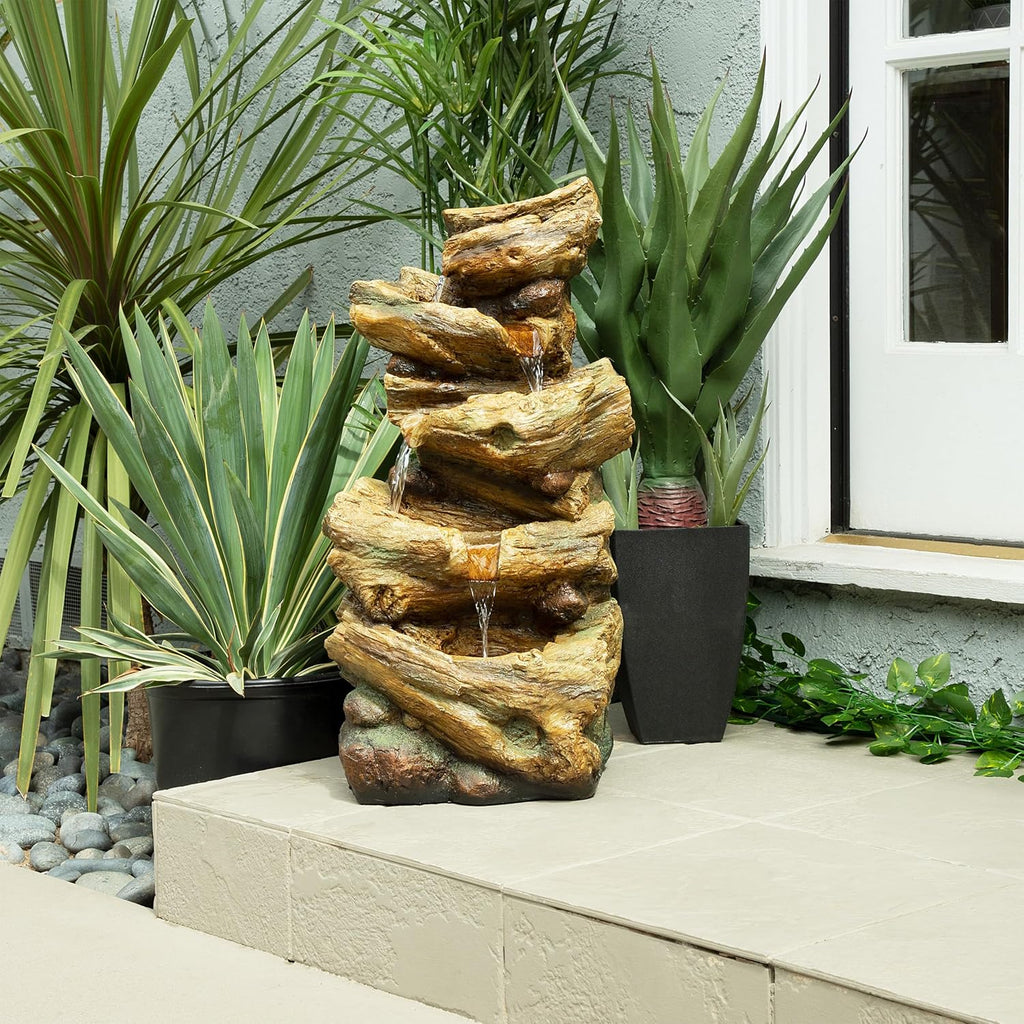 Alpine Corporation TZL226 Outdoor 4 Tier Log Tree Trunk Waterfall Floor Fountain with LED Lights, Tiered Garden Décor, 24' H, Brown