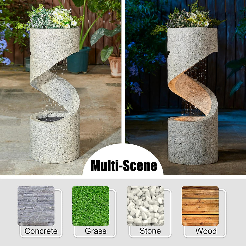 Glitzhome Outdoor Water Fountain with LED Light, Decorative Tiered Curved Waterfall Fountain with Stone Planter, Faux Terrazzo Spiral Shaped Outdoor Fountains for Garden Deck Patio Porch, 31.25'H