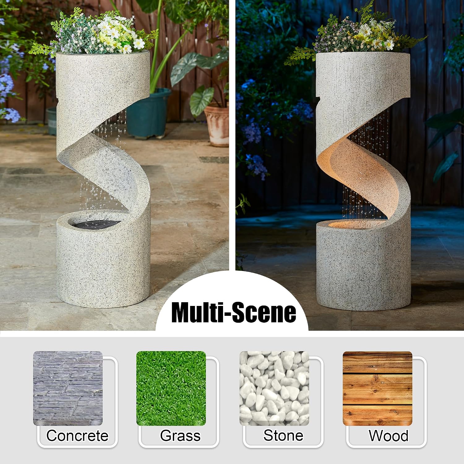 Glitzhome Outdoor Water Fountain with LED Light, Decorative Tiered Curved Waterfall Fountain with Stone Planter, Faux Terrazzo Spiral Shaped Outdoor Fountains for Garden Deck Patio Porch, 31.25'H
