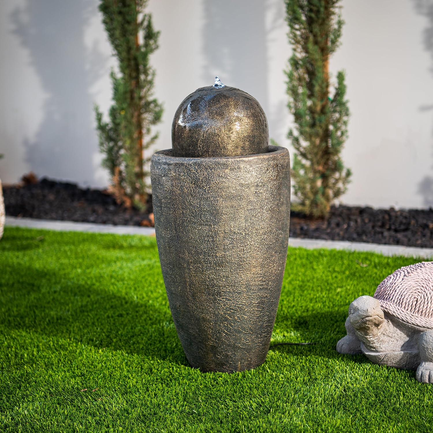 XBrand 25.98' H Round Stone Indoor/Outdoor Modern Stone Textured Sphere Water Fountain with LED Lights, Bronze
