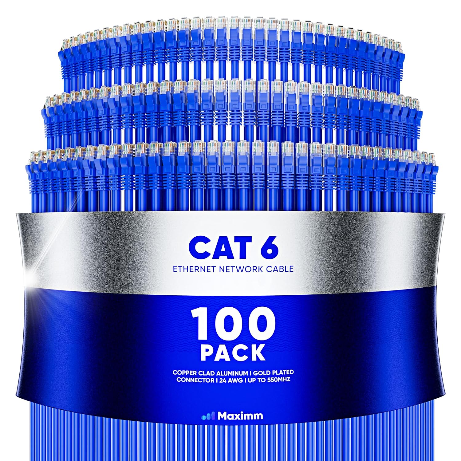 Maximm Cat 6 Ethernet Cable 1 ft (100-Pack) - High-Speed LAN Cable, Internet Cable, Patch Cable, and Network Cable - UTP, 10Gbps, 550MHz Ethernet Cord - Blue