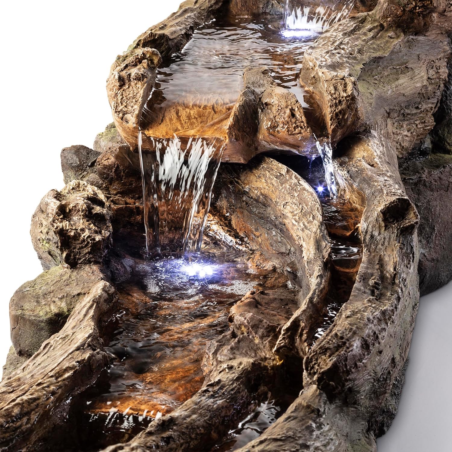 Alpine Corporation 80' Long Indoor/Outdoor Wood River Log Water Fountain with LED Lights, Cascading Natural Water Feature for Gardens, Patios, Yards, and Outdoor Decor, Brown and Gray