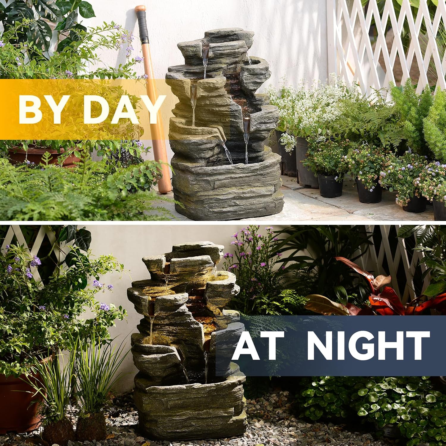 24.2' H Rock Cascading Water Fountain Outdoor&Indoor, 6-Tier Garden Naturefalls Fountains, Floor-Standing Waterfall with Lights for Patio, Backyard, Deck, Porch, Home DéCor, Stone Gray