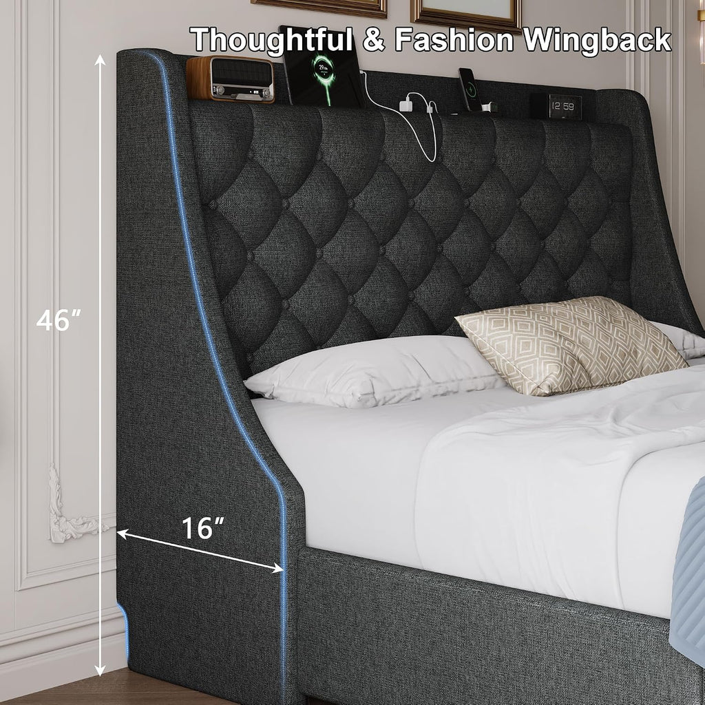 Queen Size Bed Frame with 4 Storage Drawers, Linen Upholstered Platform Bedframe w/Headboard, Button Tufted Wingback, Charging Station, Sturdy Wooden Slats, No Box Spring Needed, Dark Grey