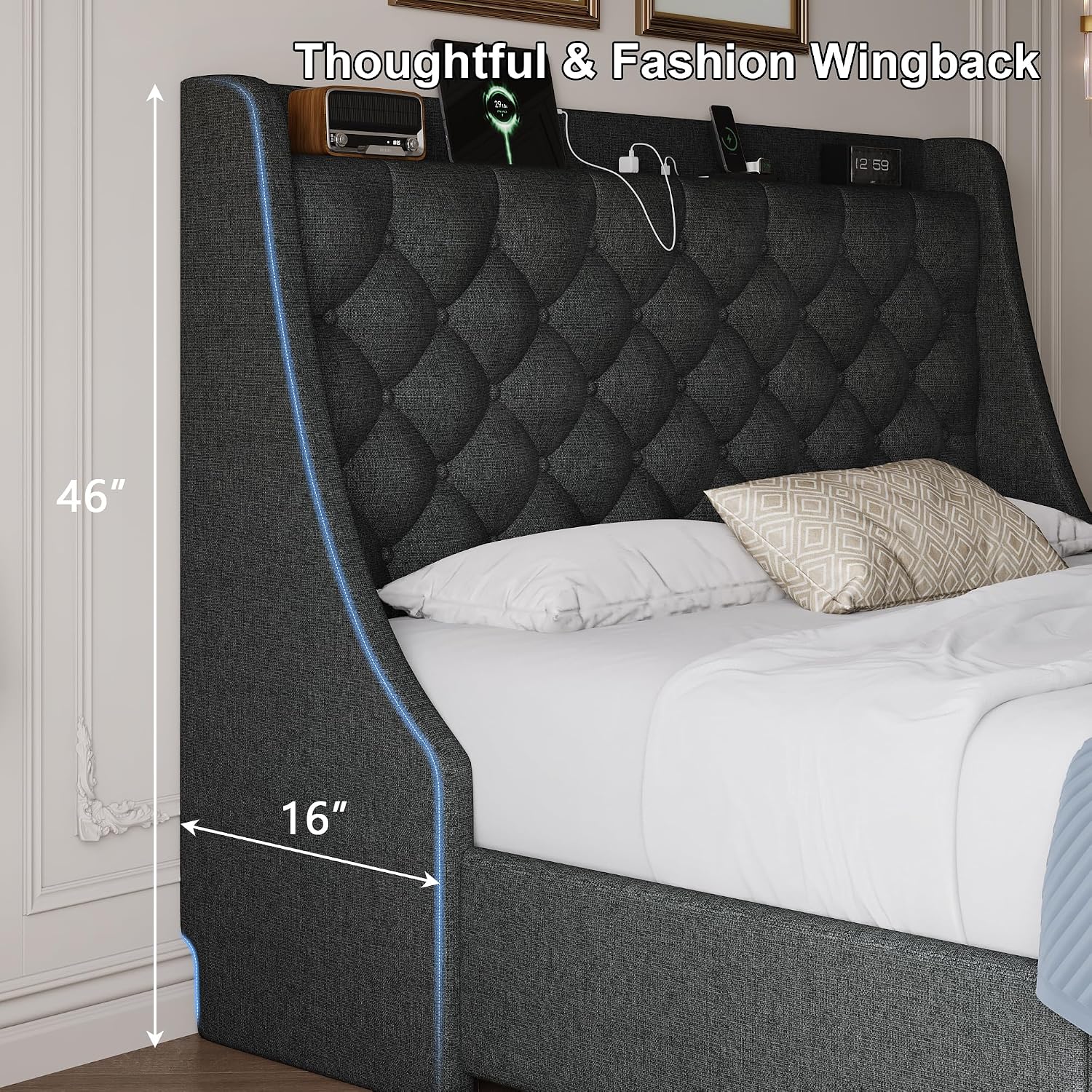 Queen Size Bed Frame with 4 Storage Drawers, Linen Upholstered Platform Bedframe w/Headboard, Button Tufted Wingback, Charging Station, Sturdy Wooden Slats, No Box Spring Needed, Dark Grey