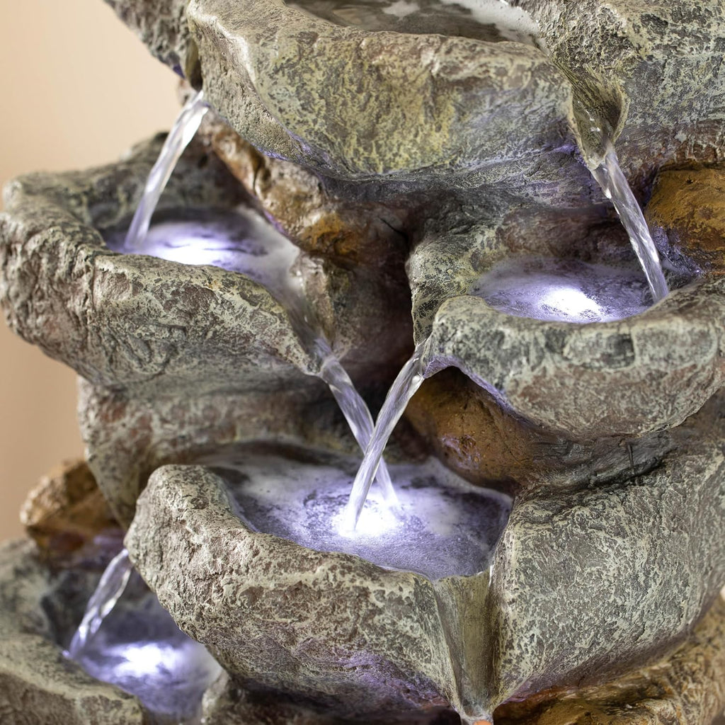 Cascading Electric Powered 8-Tier Rock Water Fountain with LED Lights 18.5' for Indoor and Outdoor Use