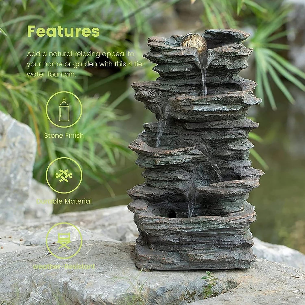Gardenised Decorative 4 Tier Rock Look Water Fountain with LED Rolling Glow Ball for Home and Garden, Gray