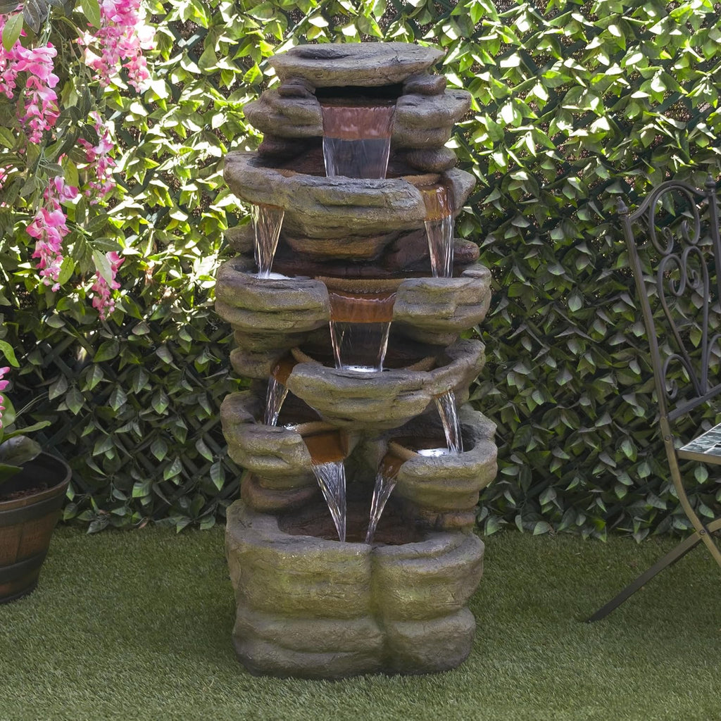 Alpine Corporation TZL352 Outdoor Floor Stone Tower Fountain with LED Lights, Multi-Level Garden Water Fountain, 47'H, Gray