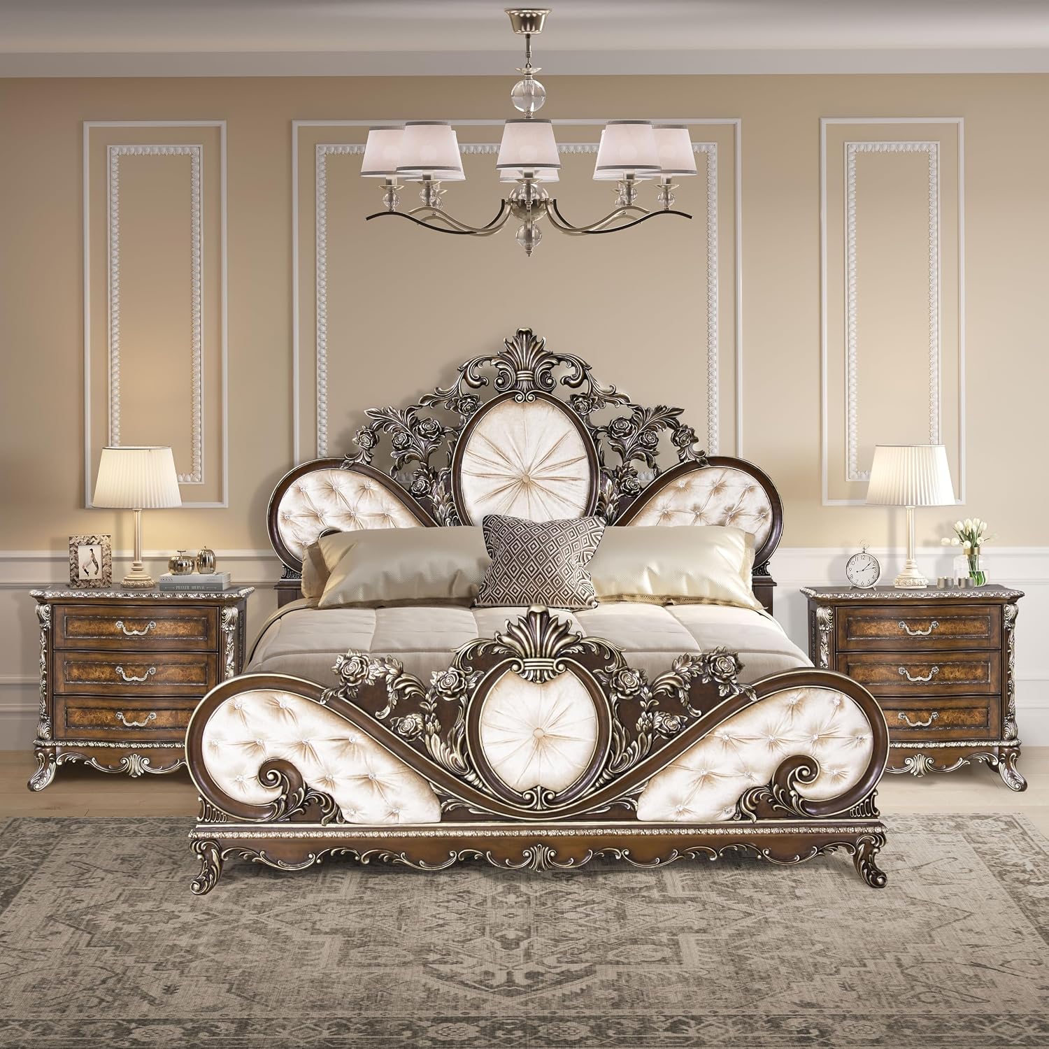 Acme Devany Wood & Fabric Upholstered Queen Bed in Cream and Cherry